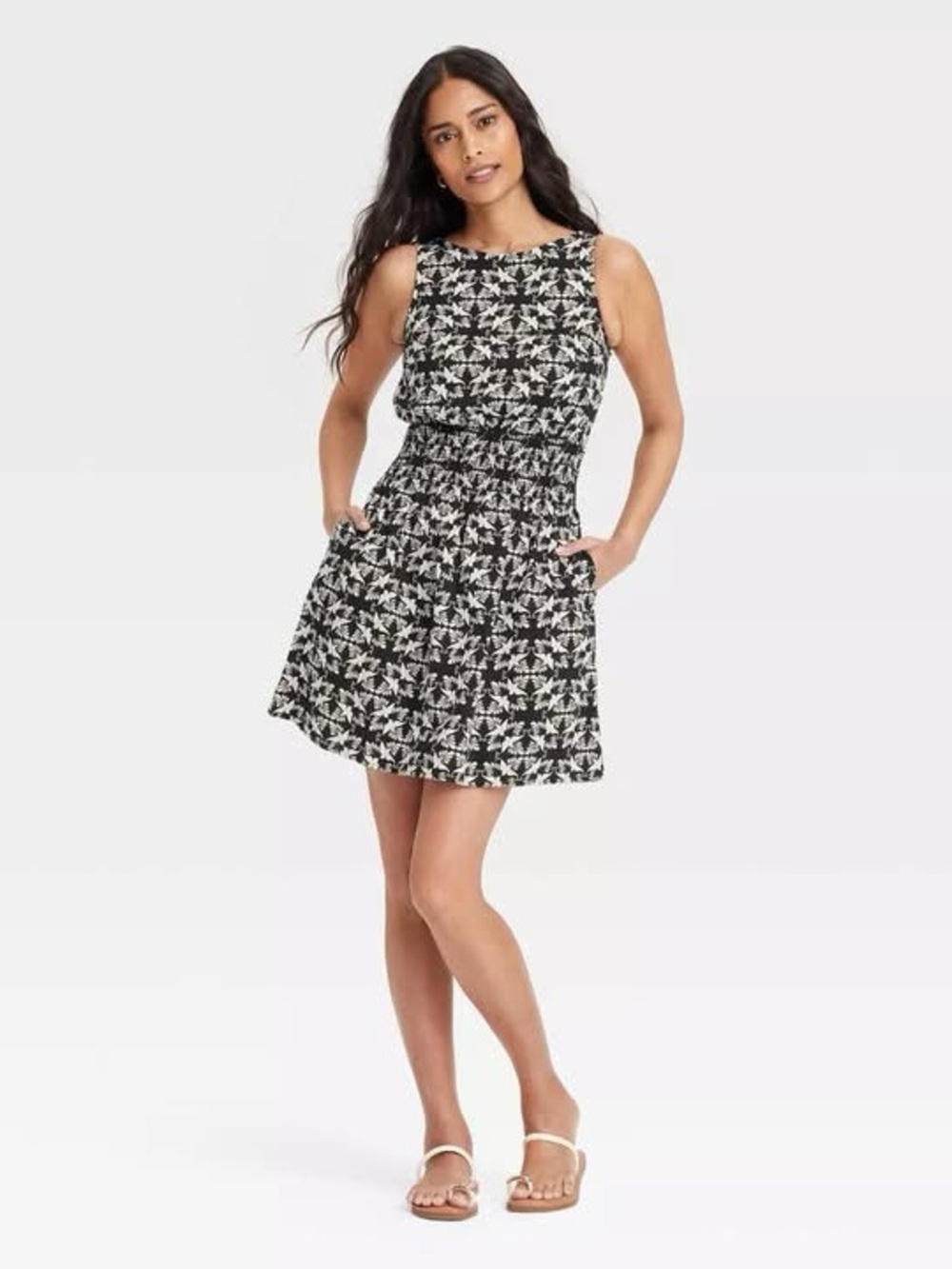 Sleeveless Black and White Floral Smocked Waist Dress